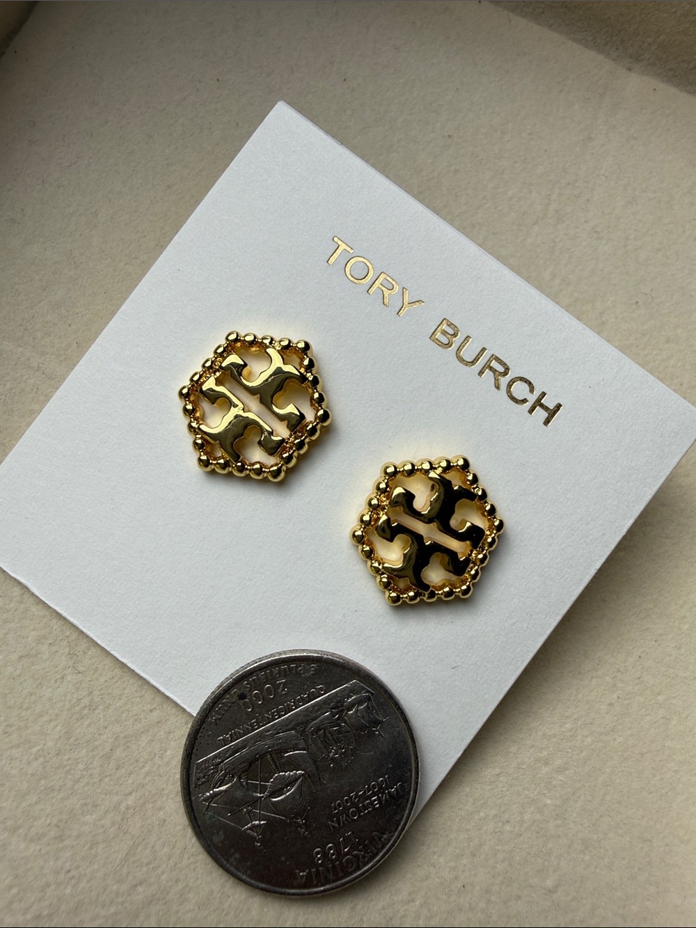 Tory Burch Gold Logo Beaded Hexagon Stud Earrings - Picture 5 of 5